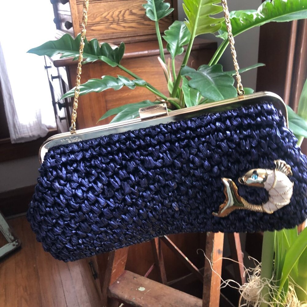 Rare Lilly Pulitizer Cobalt Blue Raffia Clutch with Enameled Fish Accent